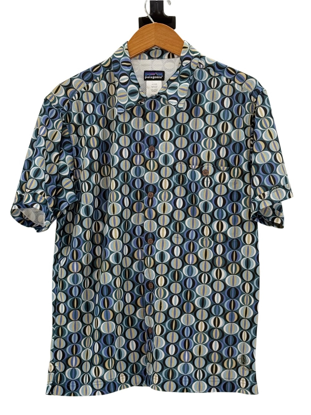 Patagonia Men’s S Short Sleeve Button Up Shirt Geometric Print Blue Teal